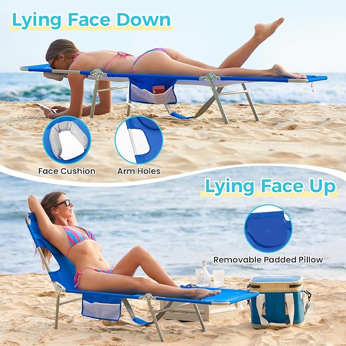 #WEJOY Folding Tanning Chair with Face Hole, 5-Position Face Down Beach Lounge Chair for Sunbathing, Lightweight Portable Outside Recliner with Side Pocket & Shoulder Straps for Pool, Patio, Blue