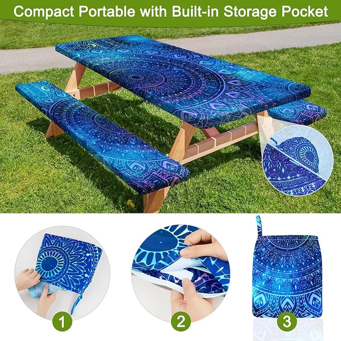 Picnic Table and Bench Cover Set, Waterproof Fitted Elastic Cloth | Portable Camping Essentials With Built-In Storage Pocket And Waterproof Fabric For Outdoor RV Or Picnic Table Use