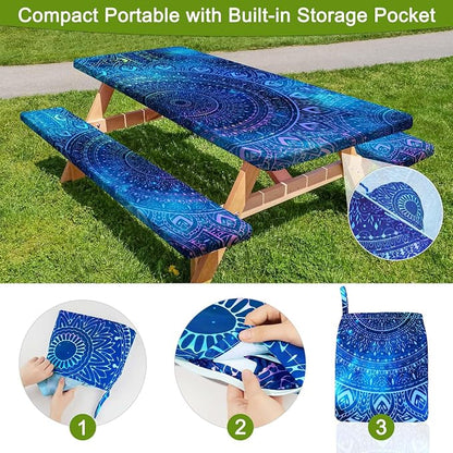 Picnic Table and Bench Cover Set, Waterproof Fitted Elastic Cloth | Portable Camping Essentials With Built-In Storage Pocket And Waterproof Fabric For Outdoor RV Or Picnic Table Use