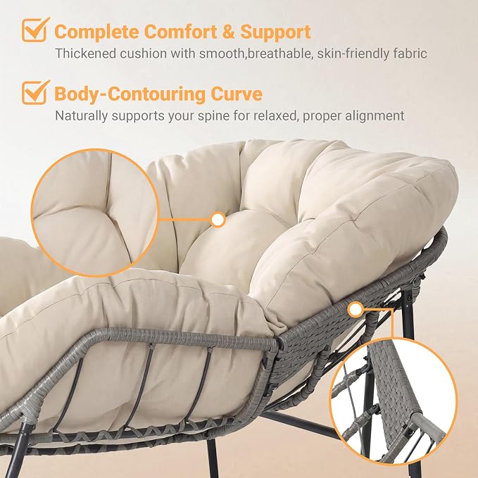 Bifanuo Oversized Egg Rocking Chair for Indoor/Outdoor – All-Weather Wicker Rattan Lounge Chair with Cushion, Patio Rocker for Porch, Garden, or Balcony (Classic Beige)