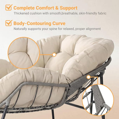Bifanuo Oversized Egg Rocking Chair for Indoor/Outdoor – All-Weather Wicker Rattan Lounge Chair with Cushion, Patio Rocker for Porch, Garden, or Balcony (Classic Beige)