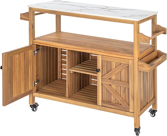 Merax Outdoor Acacia Wood Bar Cart, Natural Finish with Marble-Effect Top | Lockable Wheels & Bottle Holders for Indoor, Outdoor, Patio