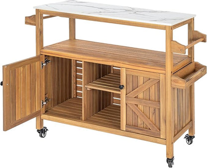 Merax Outdoor Acacia Wood Bar Cart, Natural Finish with Marble-Effect Top | Lockable Wheels & Bottle Holders for Indoor, Outdoor, Patio
