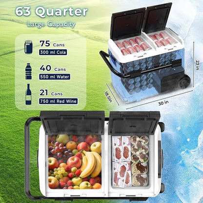 AS 12 Volt Refrigerator, 63QT(60L) Dual Temperature Zone Electric Cooler with Wheels, Portable Freezer 12V/24V DC 110-240V AC, -4℉-68℉ Car Fridge for Car, Marine, Home, Outdoor, etc