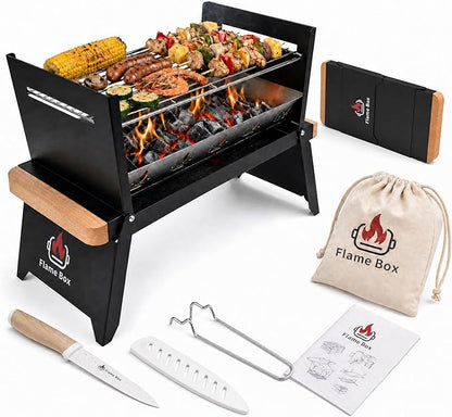 Nomad Portable Charcoal Grill – Ultra-Slim Folding BBQ for Outdoor Cooking, Camping & Travel | 304 Stainless Steel, Heat-Resistant Wood Handles, 3-sec Setup, Ready to serve 3-4 people