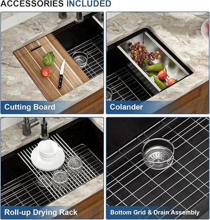 Mocoloo 33 Inch Black Granite Composite Kitchen Sink - 33x19 Undermount Ledge Workstation, Matte Black Quartz Single Bowl Under Counter Kitchen Sinks