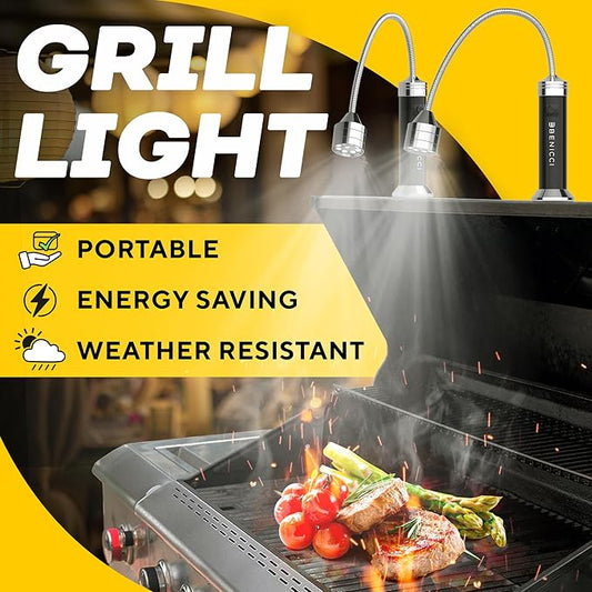 Flexible LED BBQ Grill Lights Set of 2 - Perfect Grilling Accessories Light with 360-Degree Magnetic Base and Extra Long Gooseneck - 100% Portable Outdoor Lamp w/ 6 Batteries Included