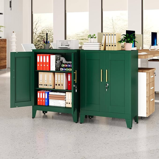 GAIOUS Green Metal File Cabinet with Lock (Two Units), Steel Storage Cabient with 2 Doors and 2 Adjustable Shelves, Multifunctional Locked Cabinet for Home/Office/Garage/Tool Room, Accent Furniture