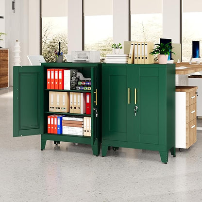 GAIOUS Green Metal File Cabinet with Lock (Two Units), Steel Storage Cabient with 2 Doors and 2 Adjustable Shelves, Multifunctional Locked Cabinet for Home/Office/Garage/Tool Room, Accent Furniture