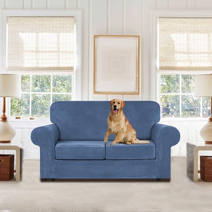 WEERRW Velvet Stretch 3 Pieces Couch Cover for Sofa Washable, Light Blue | Love Seat Couch Covers for 2 Cushion Couch Sofa Furniture Protector slipcoves with Elastic Bottom for Kids, Medium