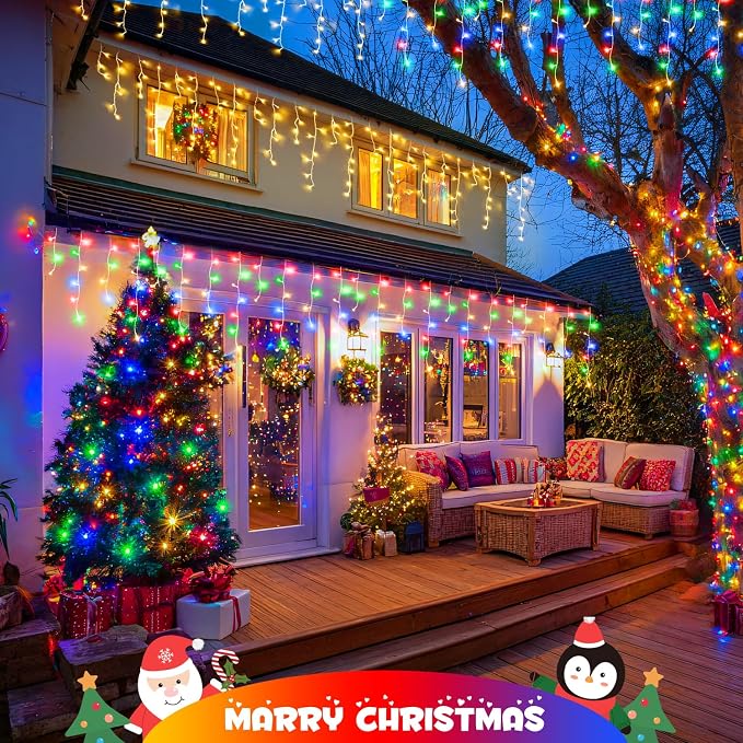 JMEXSUSS Color Changing Icicle Lights for Outside, 11 Modes 400 LED | Christmas Icicle Lights with 80 Drops, Warm White to Multicolor Icicle Lights for Christmas Eaves Party Decorations