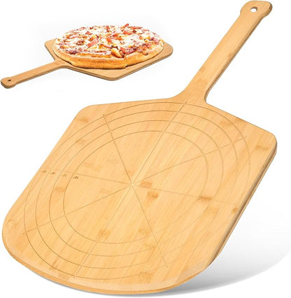 Wooden Pizza Peel 16 Inch Board with Engraved Sizes - Multi-Purpose Bamboo Pizza Cutting Board, Wood Pizza Peel, Pizza Spatula Paddle, and Serving Board with Size and Cutting Guide