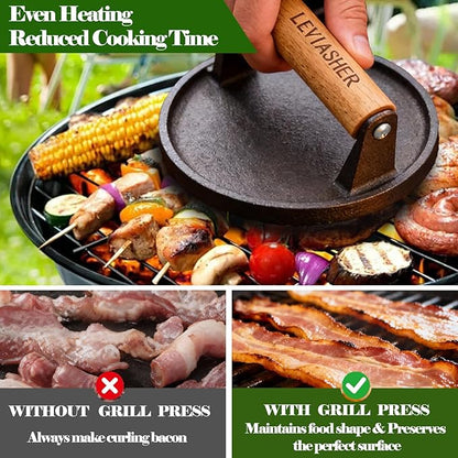 2.3lb Steak Weight & Burger Press, Grid Base, 7" Heavy Duty Cast Iron Grill Press with Wood Handle for Blackstone, Chef, Camp, Panini, Vegetable, Bacon, Sandwich, BBQ
