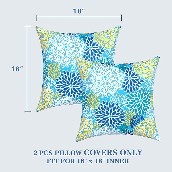 LVTXIII 2 Pack Outdoor Pillow Covers ONLY 18x18 Inch, Water-Repellent Square Decorative Cushion Covers for Patio Furniture, Garden, Sofa, Dahlia Blue
