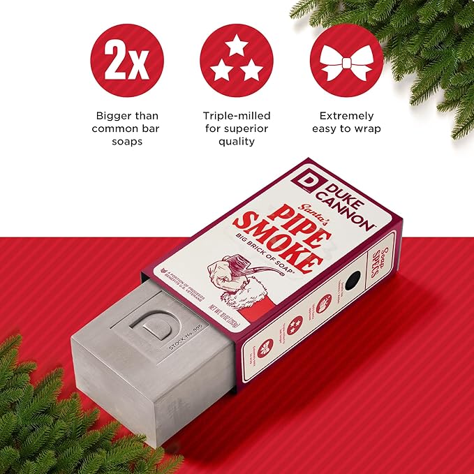 Duke Cannon Big Brick of Soap Holiday 4-Pack for Men – 10 oz Each – Long-Lasting Triple-Milled Bar Soaps in Holiday Scents: Lump of Coal, Illegally Cut Pine, Santa's Pipe Smoke, White Elephant