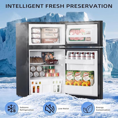Antarctic Star 3.2 Cu.Ft 2-Door Mini Refrigerator with Freezer, Adjustable Thermostat & Removable Shelves for Bedroom, Office, Dorm and Apartment (Black)