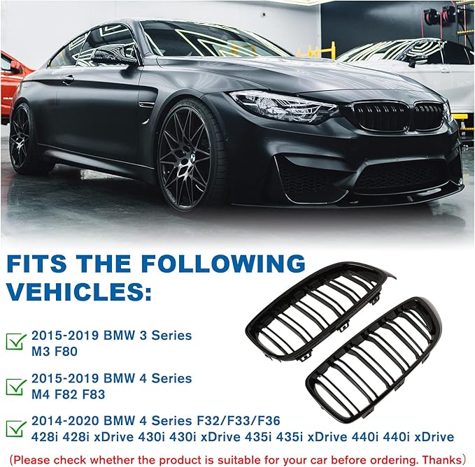 F32 Grille - Front Kidney Grille Compatible with 2014-2020 4 Series F32/F33/F36 428i 430i 435i 440i，2015-2019 F82 F83 M4 3 Series F80 M3 Double Slats Glossy Black