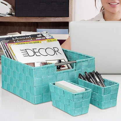 Sorbus Storage Baskets for Organizing (Set of 7), Mesh Hand-Woven Design, Linen Closet Organizers and Storage, Organizer Storage Baskets for Shelves, Variety Pack Organizers and Storage (Aqua)