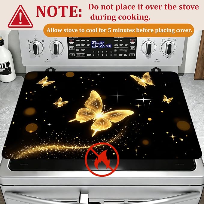 Stove Top Covers for Electric Stove,Glowing Butterfly Flat Top Stove Cover,Dark Color Heat Resistant Glass Top Stove Cover Protector Anti-Slip Range Covers, 28 x 20 Inch