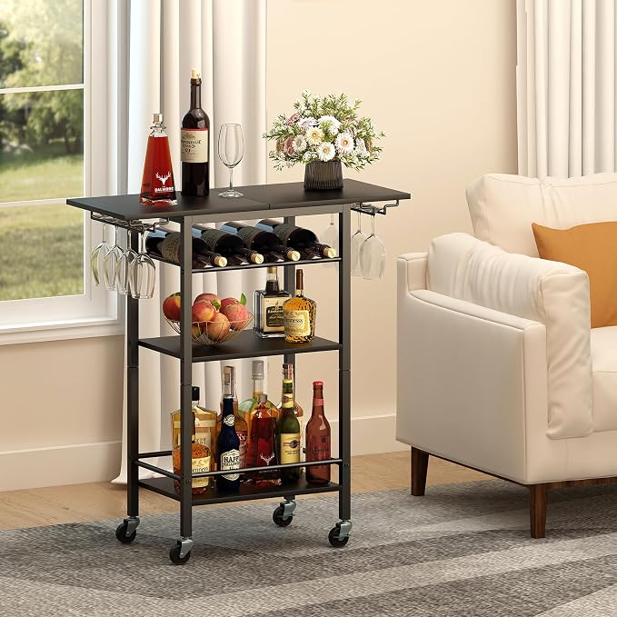 LAATOOREE Bar Cart 4 Tier, Home Serving Cart, Black Mobile Drink Beverage Cart, Rolling Kitchen Shelf with Wine and Glass Holders, for Living Room
