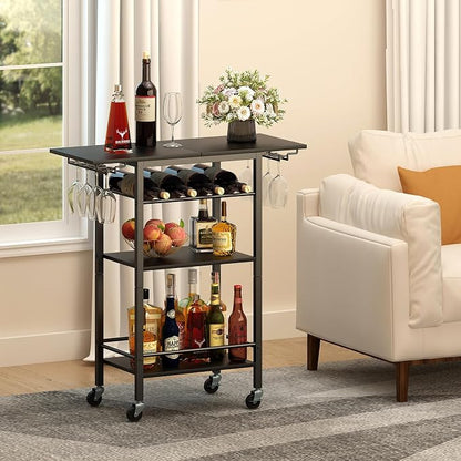 LAATOOREE Bar Cart 4 Tier, Home Serving Cart, Black Mobile Drink Beverage Cart, Rolling Kitchen Shelf with Wine and Glass Holders, for Living Room
