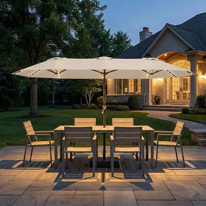 Kingdura 13ft Large Patio Umbrella with Solar Lights, Double-Sided Rectangle Outdoor Table Umbrella with Base Included, 12 Reinforced Ribs, 48 Led Lights, Crank Lift for Market Pool Deck, Beige