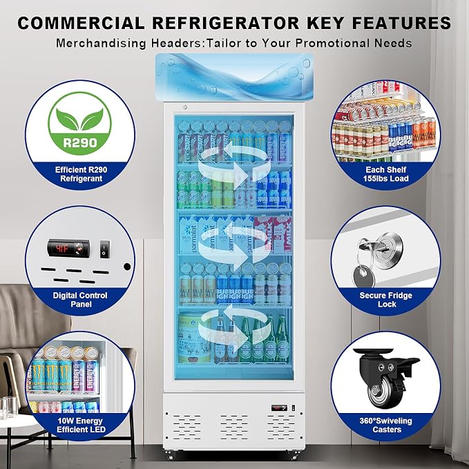 26.8'' W Commercial Beverage Refrigerator, 15 Cu.ft Upright Display Merchandiser Cooler Fridge with LED Light, Adjustable Shelves & Lockable Door for Restaurant Grocery Stores Home, White