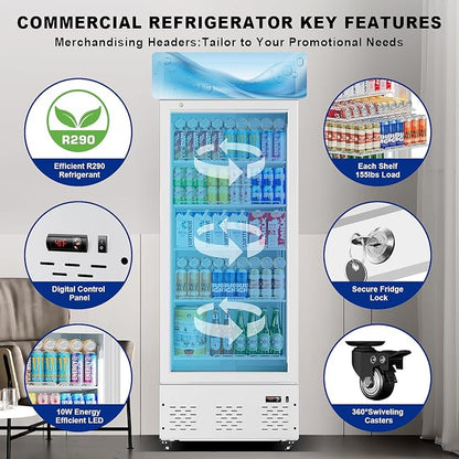 26.8'' W Commercial Beverage Refrigerator, 15 Cu.ft Upright Display Merchandiser Cooler Fridge with LED Light, Adjustable Shelves & Lockable Door for Restaurant Grocery Stores Home, White