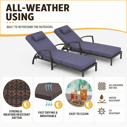 Garvee Outdoor Chaise Lounge Chairs Set of 2, PE Rattan Wicker Patio Lounge Chairs with 5-Position Adjustable Backrest, 3.5" Cushions & Wheels, 380 lbs Capacity Heavy Duty Pool Lounge Chair,Blue