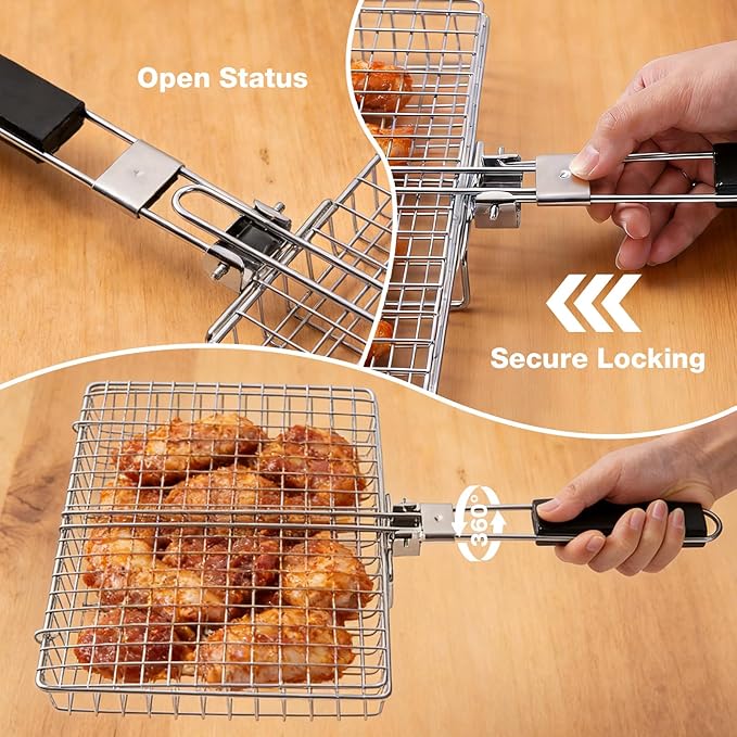 Fish Grill Basket, Folding Stainless Steel Fish Grilling Rack for Grill, Outdoor Camping BBQ Grilling Basket for Fish, Shrimp, Vegetables, Steak & Meat, with Portable Removable Handle, and Carry Bag, Gifts for Men,Dad, Husband
