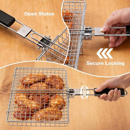 Fish Grill Basket, Folding Stainless Steel Fish Grilling Rack for Grill, Outdoor Camping BBQ Grilling Basket for Fish, Shrimp, Vegetables, Steak & Meat, with Portable Removable Handle, and Carry Bag, Gifts for Men,Dad, Husband