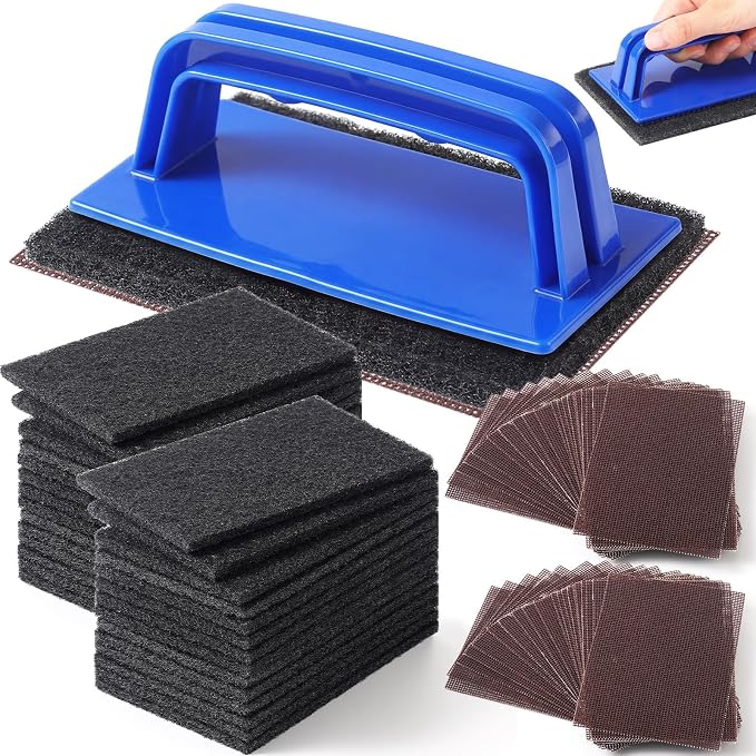 Reallnaive 62 Pcs Griddle Cleaning Kit for Flat Top Grill,Blue | Screen Holder, Grill Screens Cleaning Pads, Heavy Duty Abrasive Mesh Pads for Cast Iron, Stainless Steel Griddle Cleaner