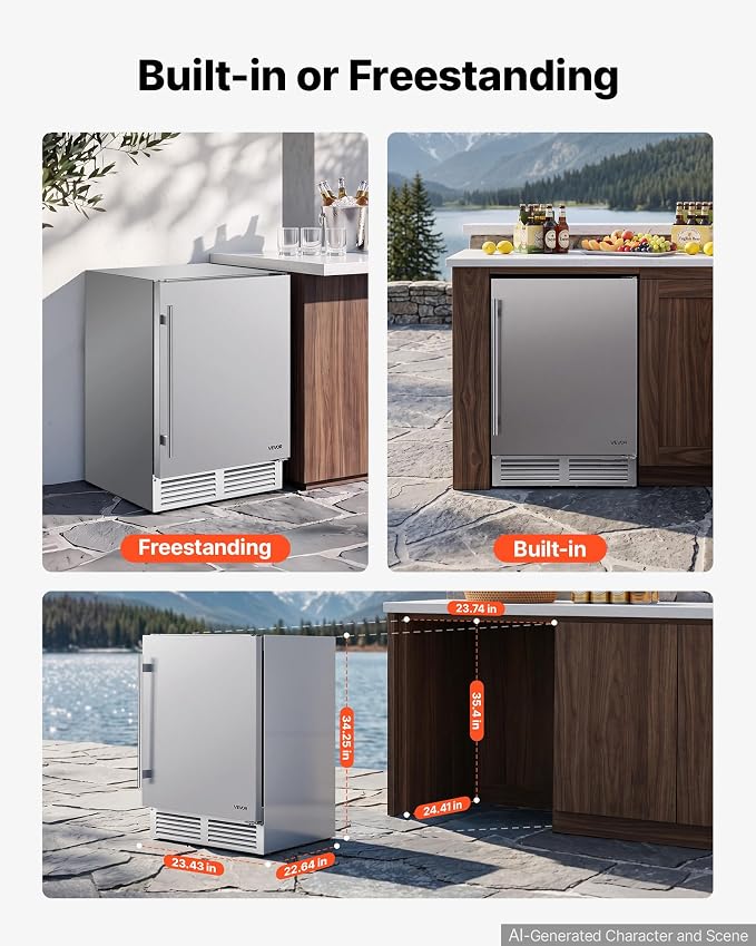 VEVOR Outdoor Beverage Refrigerator, 24 Inch Undercounter Drink Fridge | 304 Stainless Steel Body, 5.0 Cu. Ft, Hold 180 Cans, Powerful Cooling System, Built-in / Freestand Cooler, Home Bar & Patio