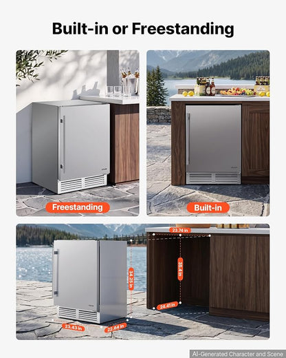 VEVOR Outdoor Beverage Refrigerator, 24 Inch Undercounter Drink Fridge | 304 Stainless Steel Body, 5.0 Cu. Ft, Hold 180 Cans, Powerful Cooling System, Built-in / Freestand Cooler, Home Bar & Patio