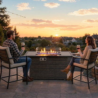 44" Propane Fire Pit Table, 50,000 BTU Outdoor Wicker Gas Fire Table with Glass Wind Guard, Tempered Glass Top, Auto Ignition, Lid & Protective Cover, ETL Certified Patio Firepit Table, Brown
