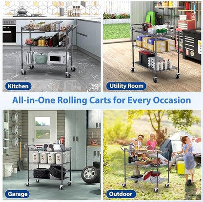 1350Lbs Capacity Heavy Duty Rolling Utility Cart, NSF Rolling Carts with Wheels,Commercial Grade Metal Cart with Handle Bar & Shelf Liner,Trolley Serving Cart for Restaurant,Kitchen,Black