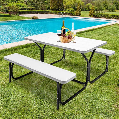 GYMAX Picnic Table, Picnic Bench Easy to Assemble w/All Weather Wood Grain Tabletop & Metal Frame, Picnic Tables for Outdoors Camping Backyard Deck Patio Poolside Dining Party