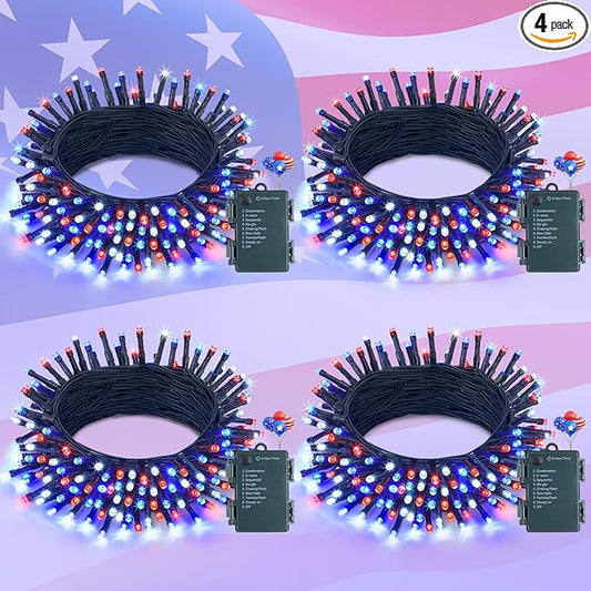 4 Pack Red White and Blue Lights, 50 LEDs 16.5ft 4th of July Lights Battery Operated, Green Wire Battery Powered Twinkle Lights for Tree Wreath Christmas Independence Day Decorations