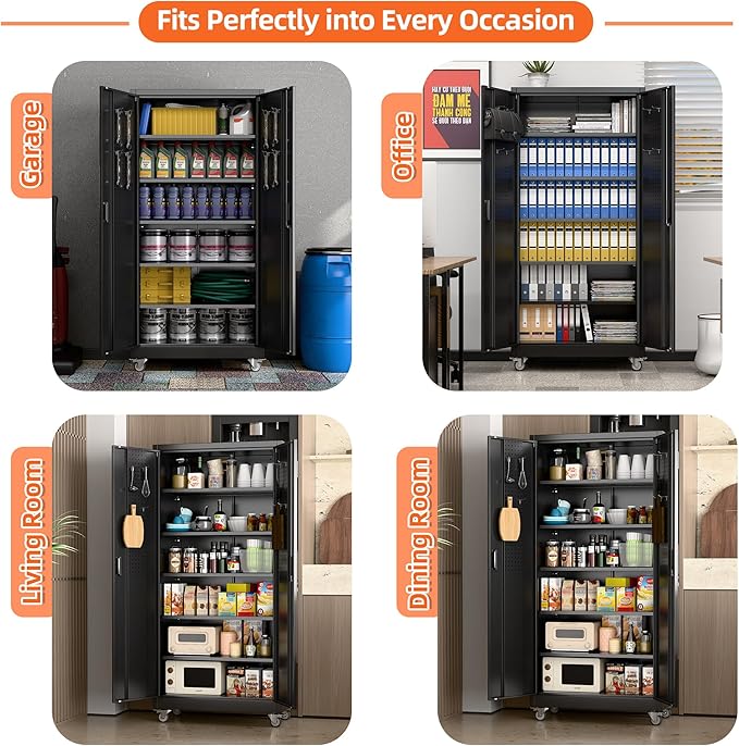 Garage Storage Cabinet with Wheels & Pegboard Doors, Lockable Metal Storage Cabinet with 5 Adjustable Shelves for Garage, Home, Black, Assembly Required, 71" H x 34" W x 18" D