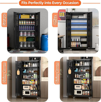Garage Storage Cabinet with Wheels & Pegboard Doors, Lockable Metal Storage Cabinet with 5 Adjustable Shelves for Garage, Home, Black, Assembly Required, 71" H x 34" W x 18" D