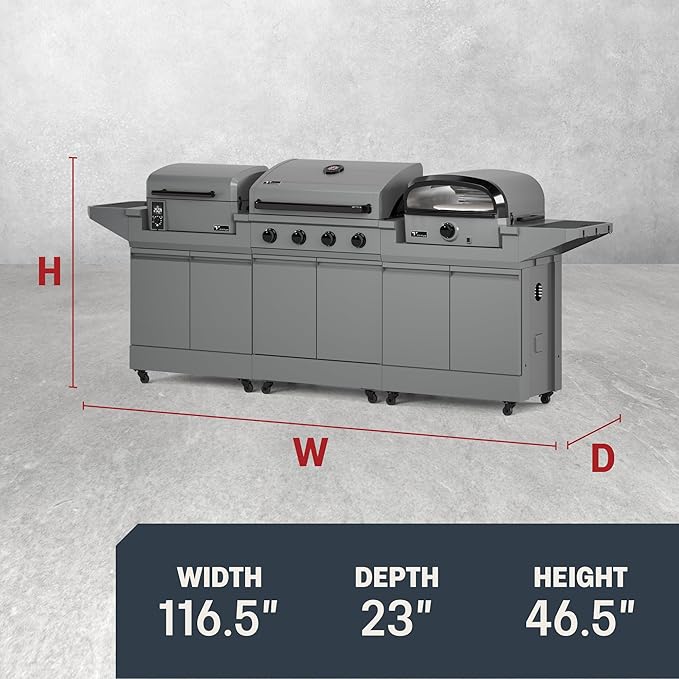 Tytus Anaheim 4-Burner Gas Grill with Two Prep Carts, Pellet Smoker, and Pizza Oven with Cover, Light, and Pizza Tool Kit - Modular Outdoor Kitchen, Quick Assembly, Grill for Outdoor Cooking