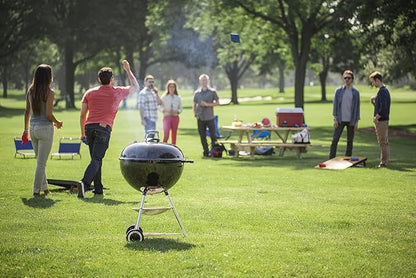 Weber Original Kettle E-5710 Charcoal Barbecue/Porcelain-Enamelled Lid & Bowl, 57 cm Cooking Surface, One-Touch Cleaning System, Lid Thermometer, Tripod Stand and Wheels, Black