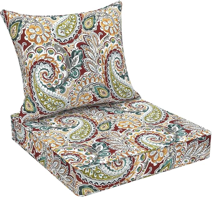 DYTXIII Outdoor Deep Seat Cushion Set, Water Repellent 22"x22" Patio Thick Cushions Replacement with Seat & Back Pillow for Patio Sofa, Wicker Chair, Couch - Paisley Chilli