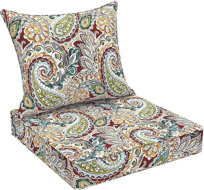 DYTXIII Outdoor Deep Seat Cushion Set, Water Repellent 22"x22" Patio Thick Cushions Replacement with Seat & Back Pillow for Patio Sofa, Wicker Chair, Couch - Paisley Chilli