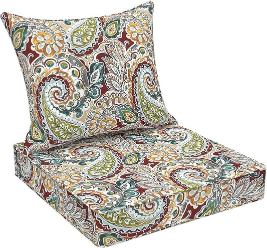DYTXIII Outdoor Deep Seat Cushion Set, Water Repellent 22"x22" Patio Thick Cushions Replacement with Seat & Back Pillow for Patio Sofa, Wicker Chair, Couch - Paisley Chilli