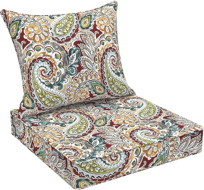 DYTXIII Outdoor Deep Seat Cushion Set, Water Repellent 24"x24" Patio Thick Cushions Replacement with Seat & Back Pillow for Patio Sofa, Wicker Chair, Couch - Paisley Chilli