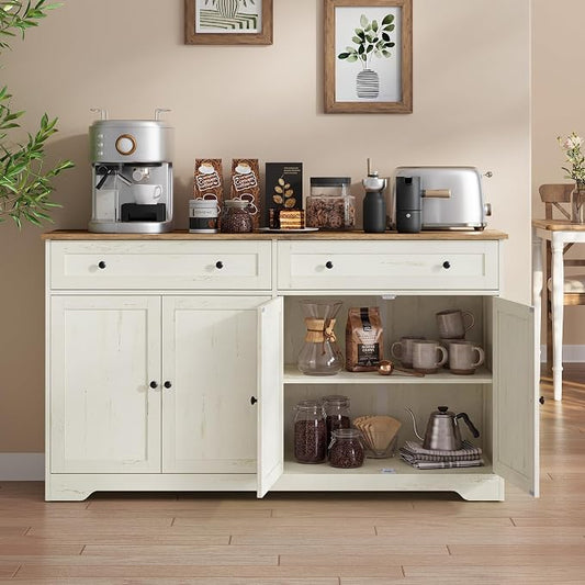 VASAGLE Siren Collection - Buffet Cabinet, Farmhouse Coffee Bar Cabinet with 2 Drawers, Adjustable Shelves, 4 Doors, Sideboard, 15.8 x 55.1 x 31.5 Inches, Rustic White and Honey Brown ULSC541WJ01S