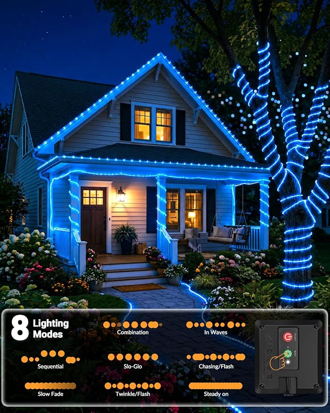 btfarm 2 Pack Solar Rope Lights Outdoor, Total 92FT 240LED Solar String Lights Outside Waterproof, 8 Lighting Mode Solar Powered Trampoline Light for Garden Tree Christmas Yard Party Decor, Blue