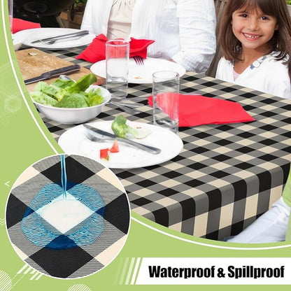 Smiry Picnic Table Cloth, Vinyl Tablecloths with Flannel Backing, 70"x108" | Waterproof Rectangle Table Cloth, Wipeable Buffalo Plaid Table Cover for Indoor and Outdoor (Black & Beige)