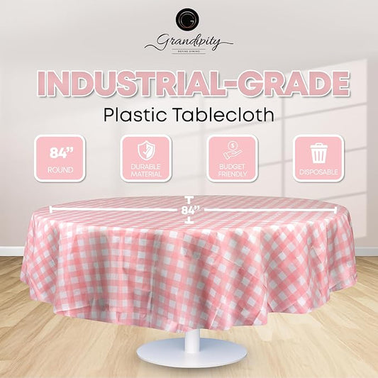 Grandipity 12 Pack Premium Disposable Plastic Tablecloth 84" Inch Decorative Round Table Cover - Pink Checkered Gingham